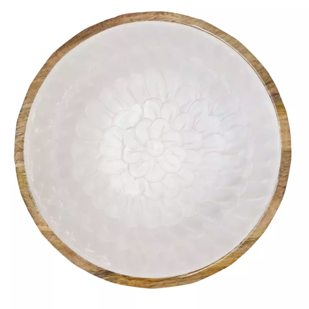 A white enamel coated j.elliot Como Salad Bowl with an embossed pearl design on a wooden base.