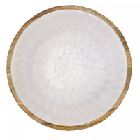Thumbnail for A white enamel coated j.elliot Como Salad Bowl with an embossed pearl design on a wooden base.