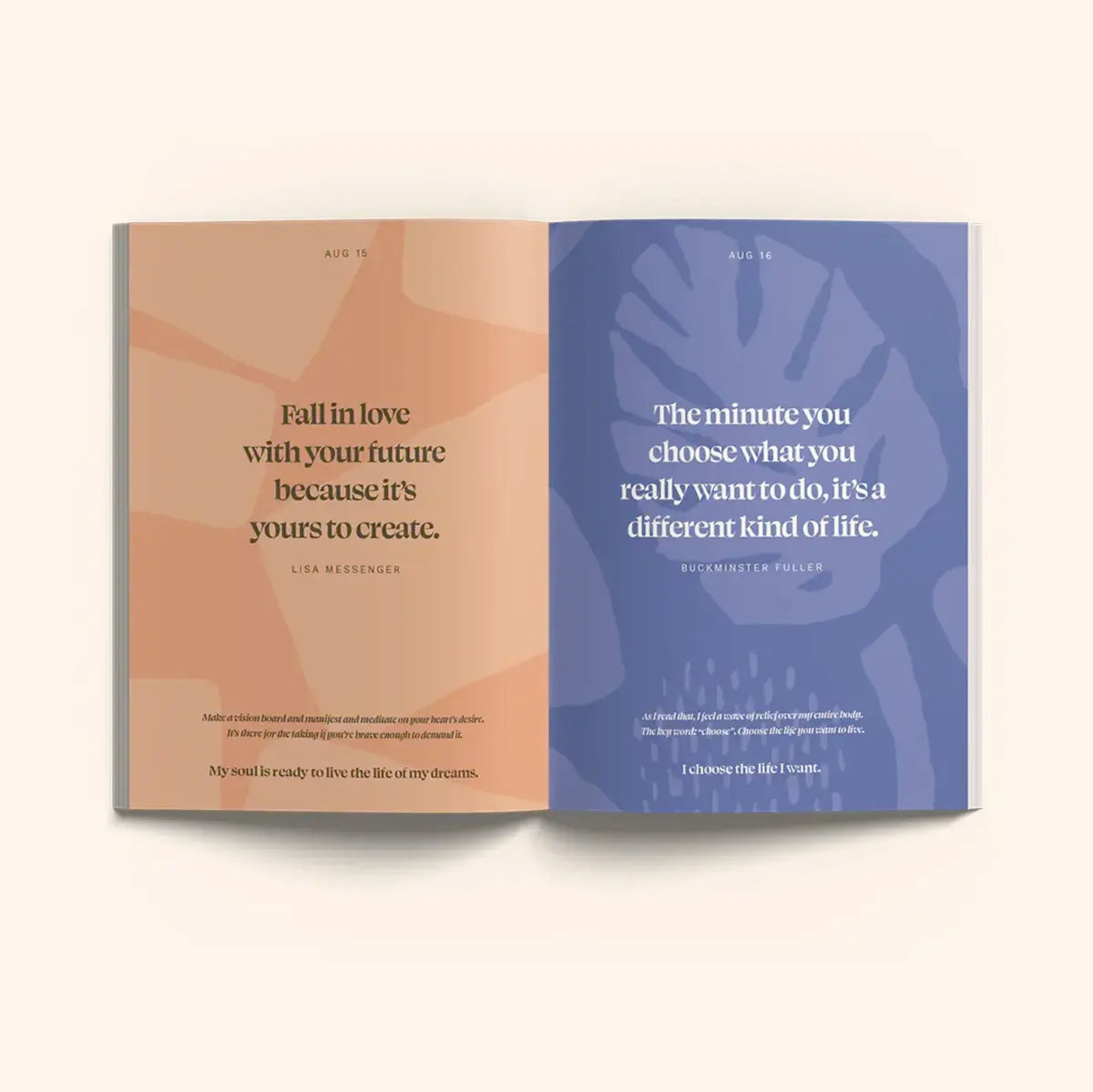 An open book, Daily Mantras to Ignite Your Purpose - V3 by Collective Hub, with an orange and blue cover, filled with curated quotes and inspiration.