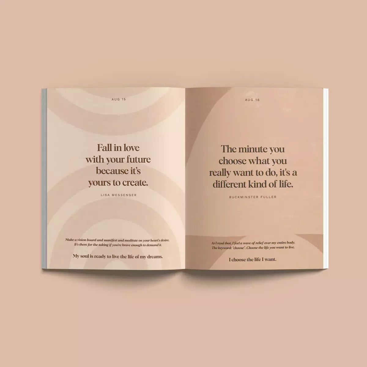 An open book with a beige cover featuring Daily Mantras to Ignite Your Purpose Second Edition by Collective Hub.