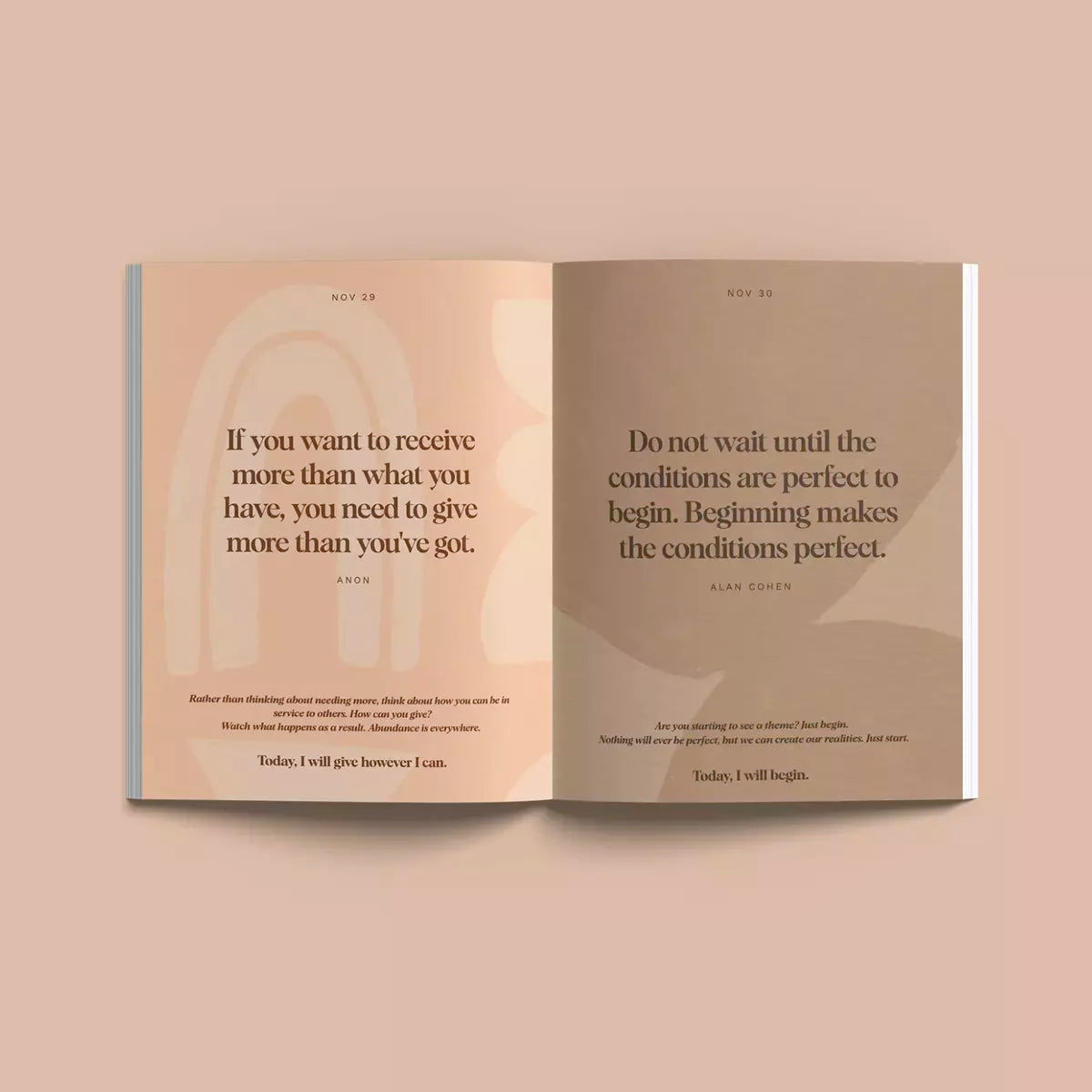 An open book with a quote on a beige background, featuring Daily Mantras to Ignite Your Purpose Second Edition by Collective Hub.