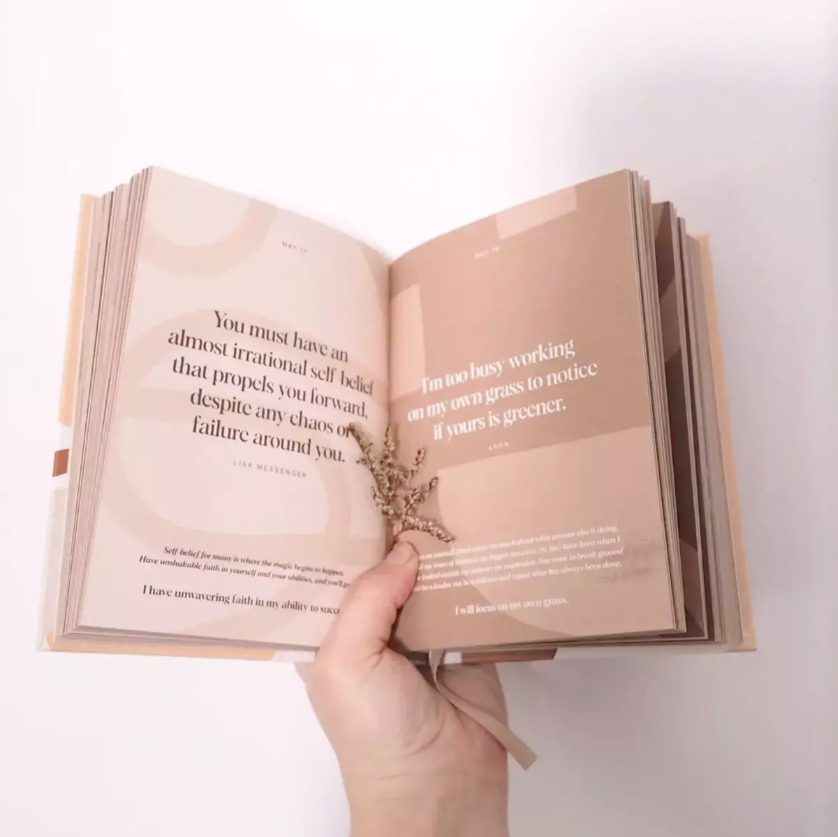 A person holding an open book with a quote on it, providing affirmations for Daily Mantras to Ignite Your Purpose Second Edition by Collective Hub.