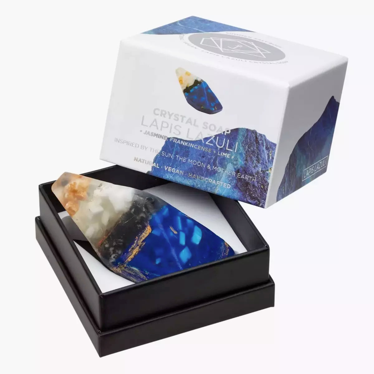 A box with a Crystal Soap - LAPIS LAZULI - Jasmine, Frankincense + Lime from Summer Salt Body in it.