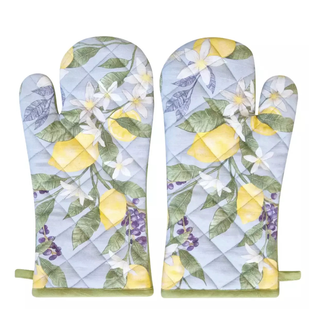 A pair of j.elliot Lemon Oven Mitts made from cotton fabric and featuring a lemon print.