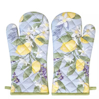 Thumbnail for A pair of j.elliot Lemon Oven Mitts made from cotton fabric and featuring a lemon print.