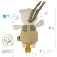 Thumbnail for The FehnNATUR Mini Musical Bear by Pilbeam is a 19 x 15 cm plush sleeping aid made of organic cotton, with floppy ears and a music box playing Schubert’s lullaby in soothing beige and green—perfect for bedtime comfort.