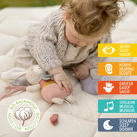 Thumbnail for A baby in a knitted sweater plays with the Pilbeam FehnNATUR Mini Musical Hare—a cute organic cotton sleep aid—on a quilt. Icons and German-English text highlight sight, hearing, grasp, music, and sleep.