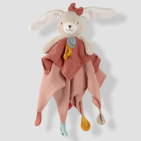 Thumbnail for The Pilbeam FehnNATUR Comforter Hare is a plush security blanket with a white bunny head, long ears, pink bow, and pastel fabric squares with knotted corners—ideal for sensory development and cuddly comfort.