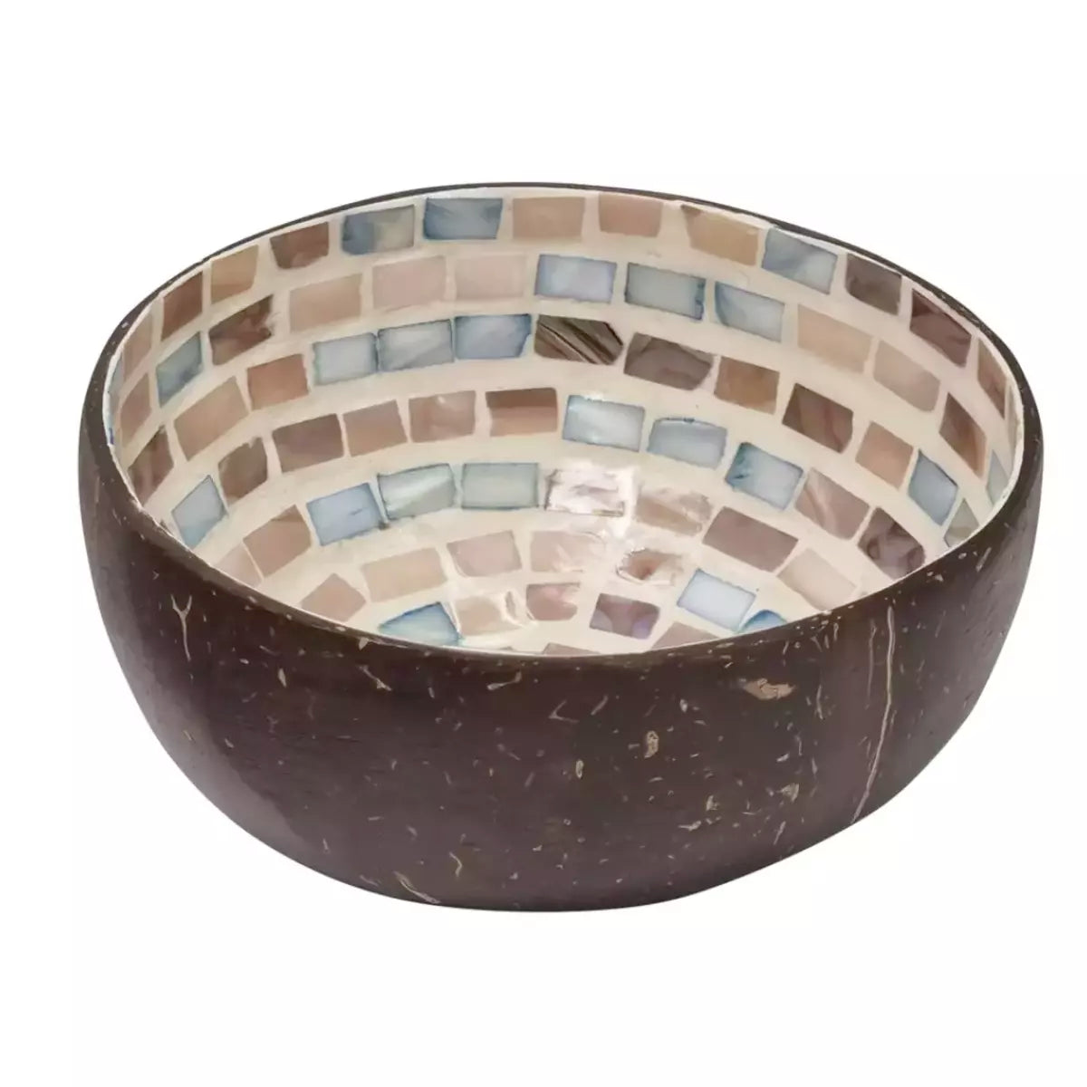 A Nacre Dashed Coconut Bowl adorned with a stunning mosaic pattern created from Nacre, also known as Mother of Pearl. (Brand: j.elliot)