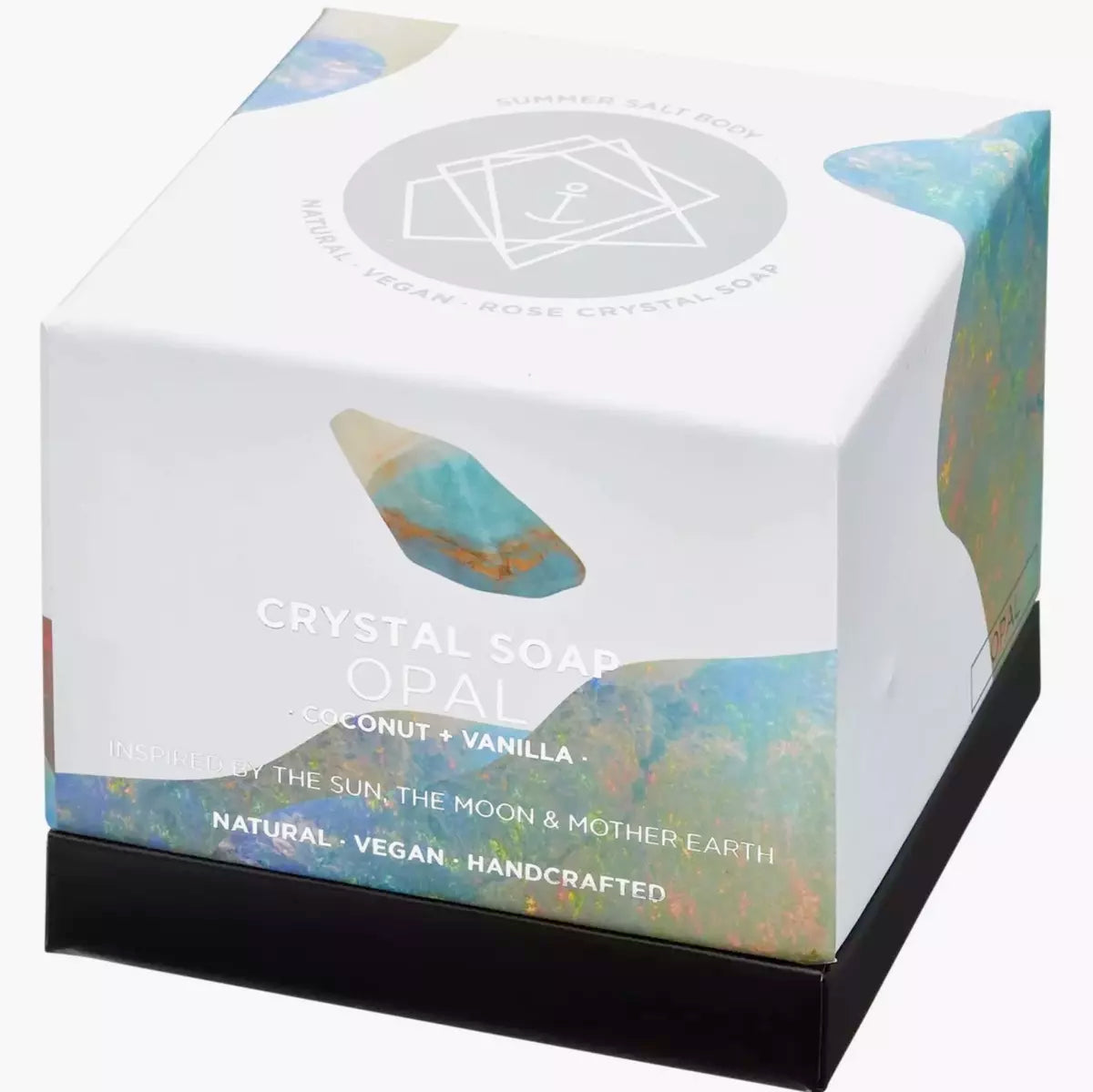 Summer Salt Body's Crystal Soap - OPAL - Coconut + Vanilla in a white box, perfect for skincare.