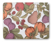 Thumbnail for Hand-painted fruit and leaf illustrations—including figs, apples, pears, peaches, and raspberries—create a rustic print on the Madras Link Placemat Orchard Rectangle - S/4, adding charm to any table with its fresh white background.