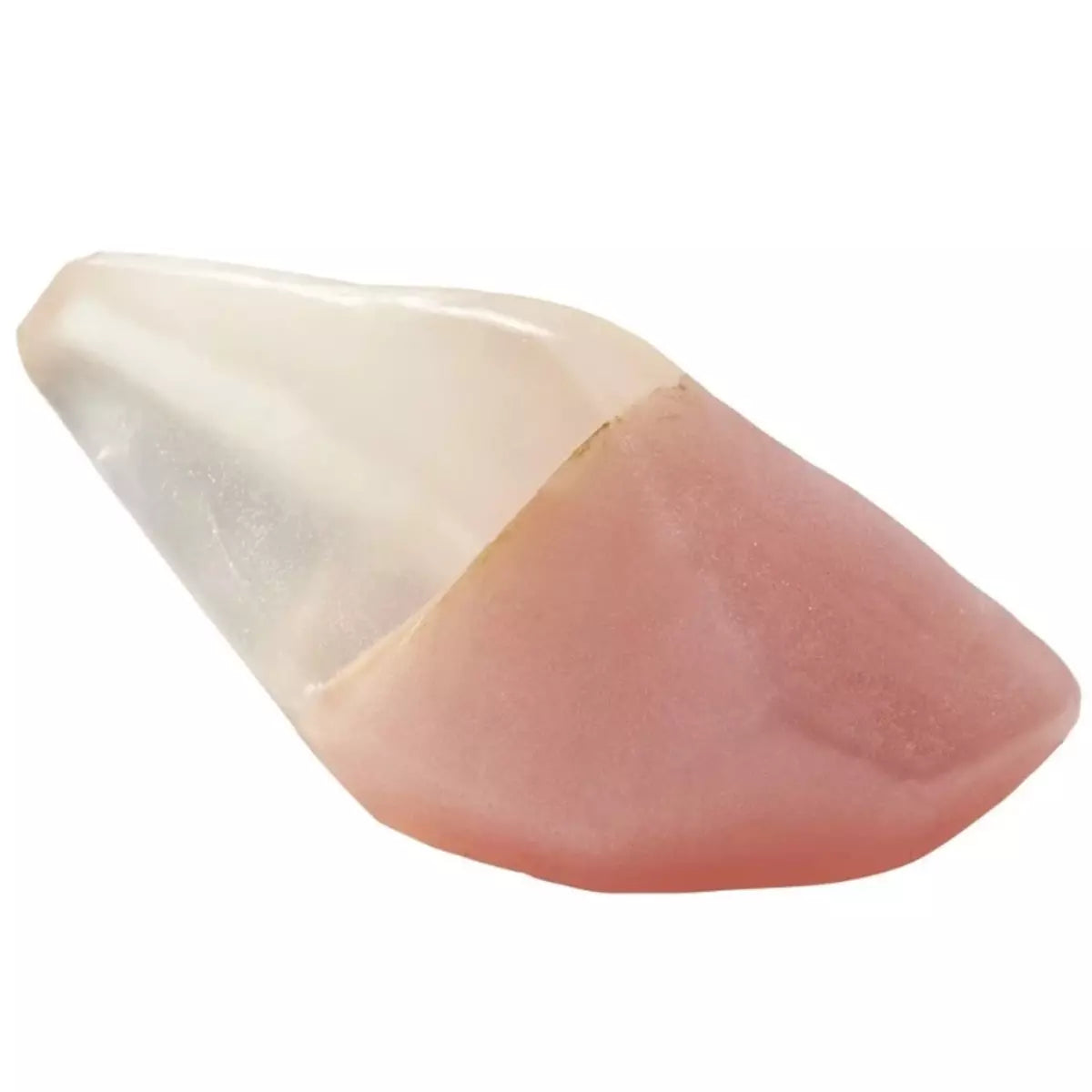 A beautiful piece of Crystal Soap - ROSE QUARTZ - Jasmine, a pink and white crystal, resting delicately on a pristine white background by Summer Salt Body.