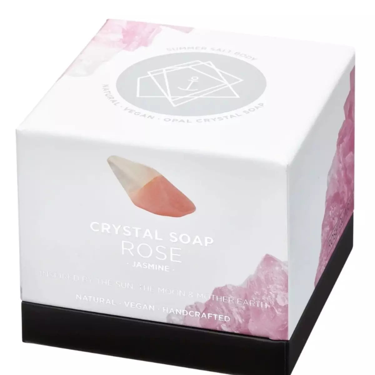 A self-love Crystal Soap - ROSE QUARTZ - Jasmine in a white box infused with the soothing energy of Rose Quartz from Summer Salt Body.