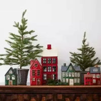 Thumbnail for Ceramic French Country Collections Christmas Village Barn - Green with Tea Light houses on a mantle.