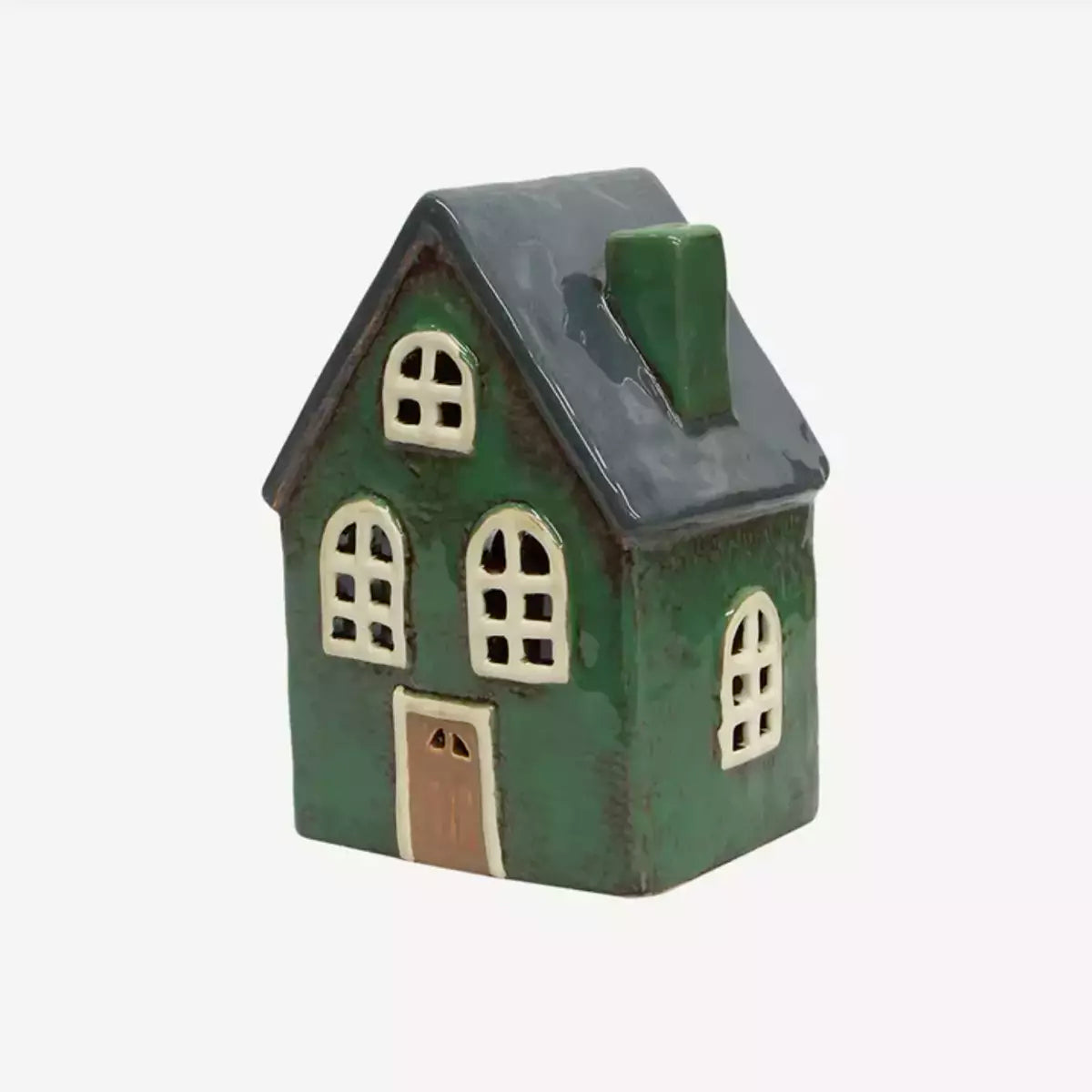 A small French Country Collections Christmas Village Barn - Green on a white background.