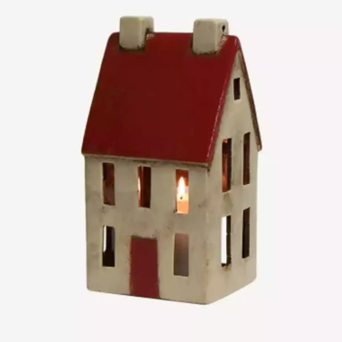 A French Country Collections Christmas Village Tall Chalet candle holder with a red roof, made of ceramic.