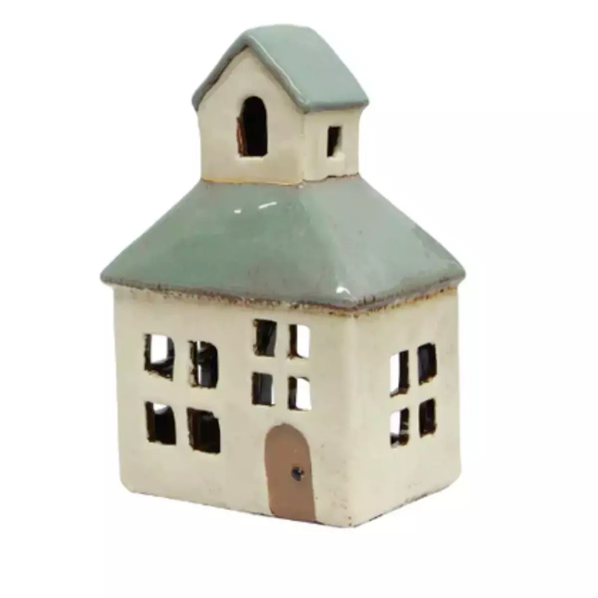 A charming French Country Collections Christmas Village Mini Church tea light holder sitting on a white background.