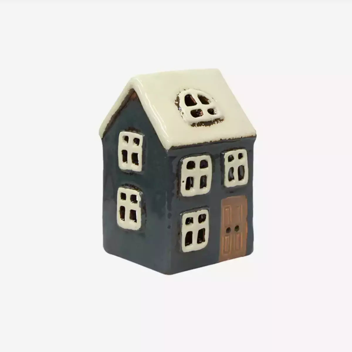 A small ceramic French Country Collections Christmas Village Light House on a white background, perfect for Christmas village displays or as tea light holders.