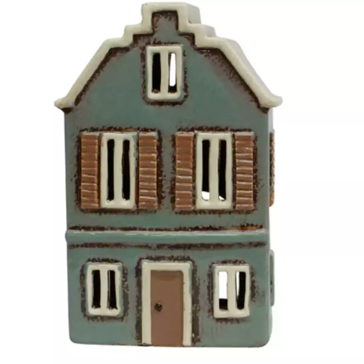 A French Country Collections Christmas Village House with Shutters with brown shutters and a blue roof.