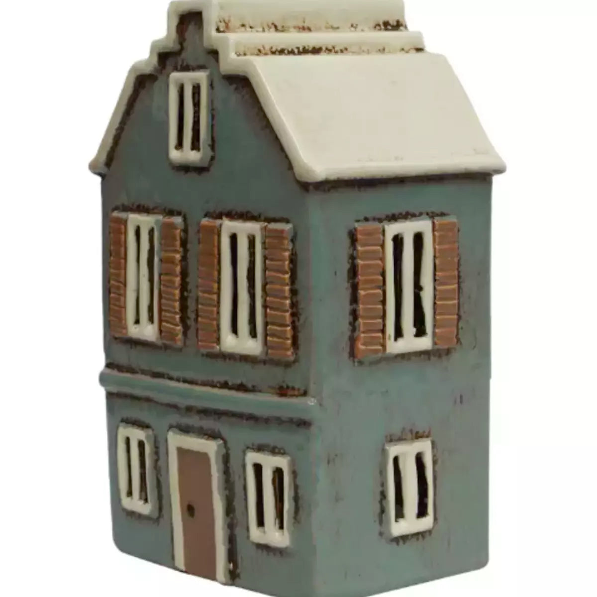 A small blue French Country Collections Tea Light House with brown shutters, perfect for a Christmas Village.