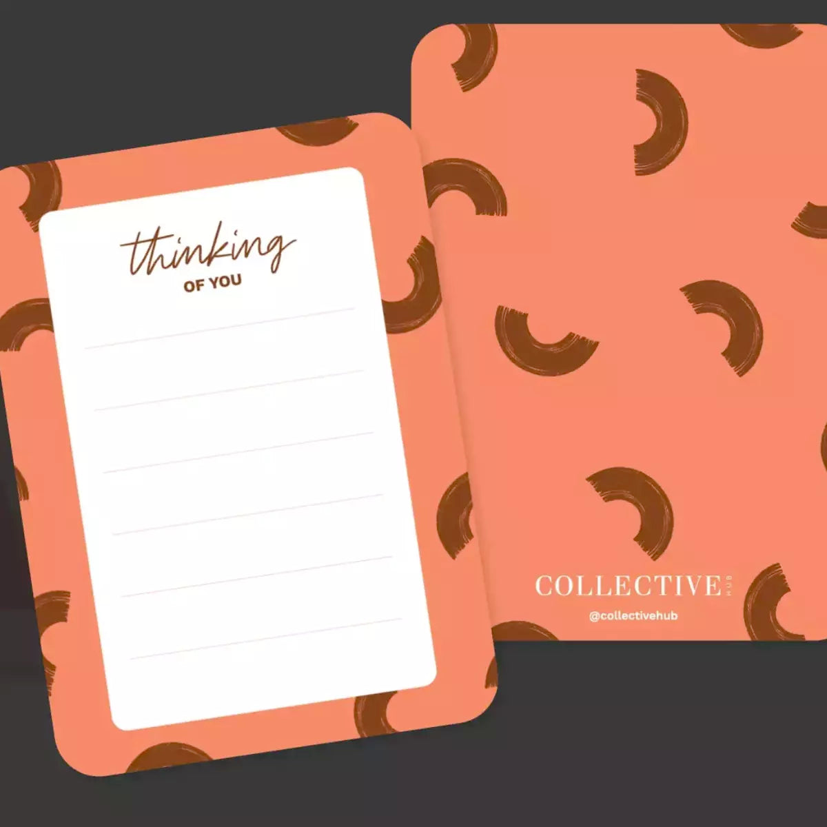 A bright pink and brown Kindness Cards notepad with the words thinking about you by Collective Hub.